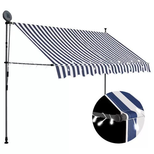 kék és fehér kézzel kihúzható LED-es napellenző 250 cm