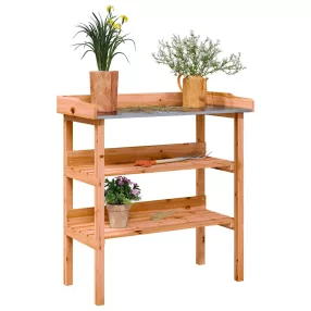   Barna tömör fenyőfa növénytartó asztal polcokkal 78x38x82,5 cm