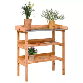   barna tömör fenyőfa növénytartó asztal polcokkal 78x38x82,5 cm