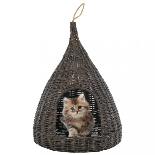 szürke természetes fűzfa macskaház párnával és tipi-sátorral