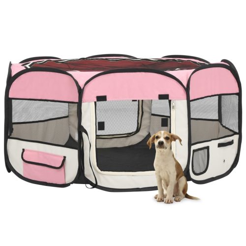rózsaszínű összecsukható kutyakennel hordtáskával 145x145x61 cm