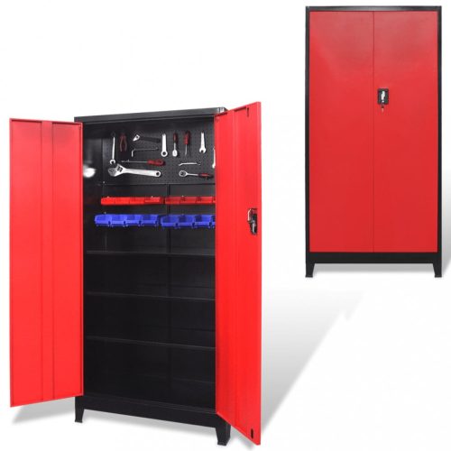 fekete és piros 2 ajtós acél szerszámos szekrény 90x40x180 cm
