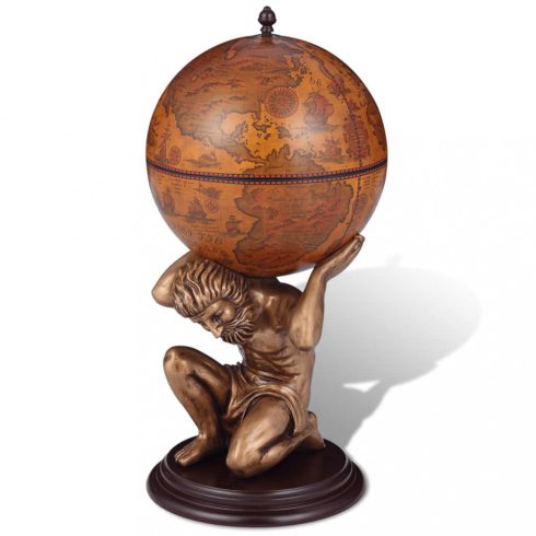 Földgömb alakú bárszekrény atlasz szoborral 42 x 42 x 85 cm