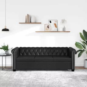 3 személyes fekete műbőr Chesterfield kanapé