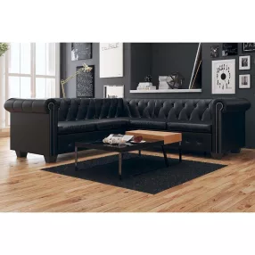 vidaXL 5 személyes fekete műbőr Chesterfield sarokkanapé