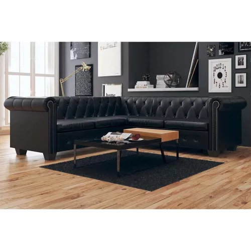 vidaXL 5 személyes fekete műbőr Chesterfield sarokkanapé