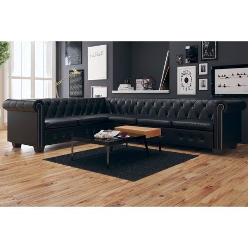 vidaXL 6 személyes fekete műbőr Chesterfield sarok kanapé   