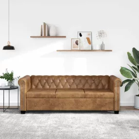 3 személyes barna műbőr Chesterfield kanapé