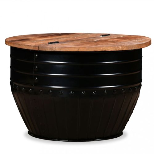 fekete hordó alakú újrahasznosított fa dohányzóasztal