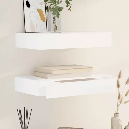 2 db fehér lebegő fali polc fiókkal 48 cm