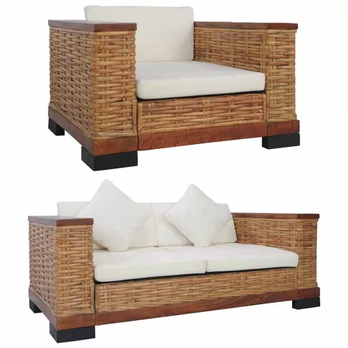 2 részes barna természetes rattan kanapészett párnákkal