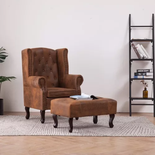 barna művelúr Chesterfield" karosszék és lábtartó"