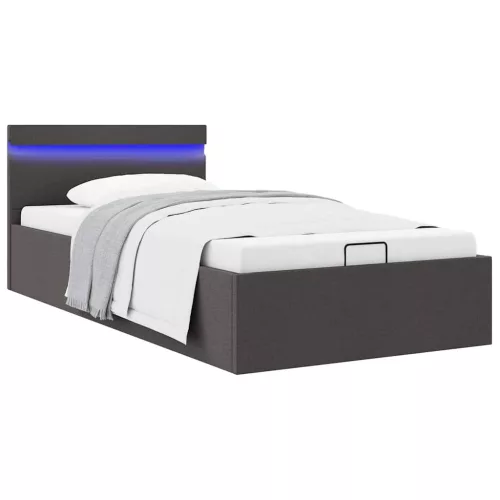 sötétszürke LED-es szövetágy hidraulikus tárolóval 100 x 200 cm