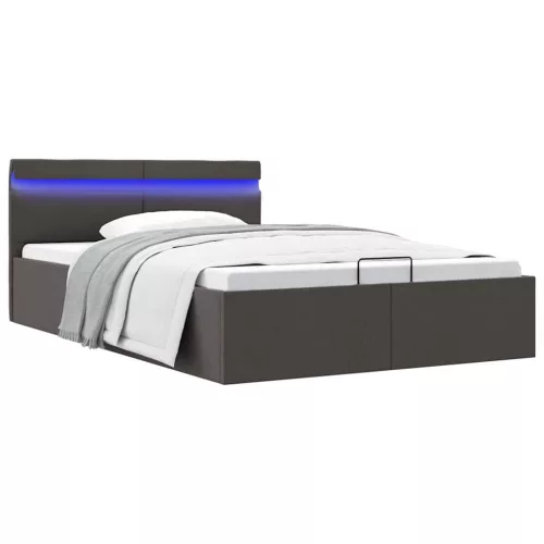 sötétszürke LED-es szövetágy hidraulikus tárolóval 140 x 200 cm