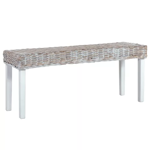 fehér természetes kubu rattan és tömör mahagóni fa pad 110 cm
