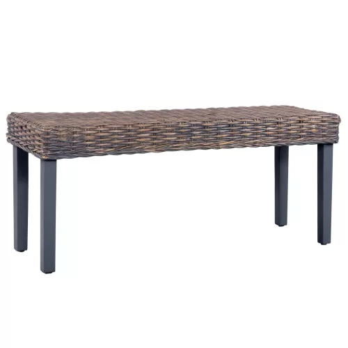 szürke természetes kubu rattan és tömör mahagóni fa pad 110 cm