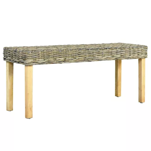 természetes kubu rattan és tömör mahagóni fa pad 110 cm