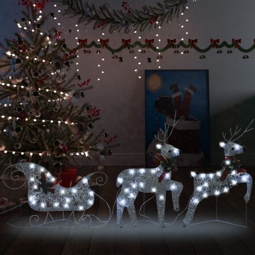 Ezüst rénszarvas & szán kültéri karácsonyi dekoráció 60 LED-del