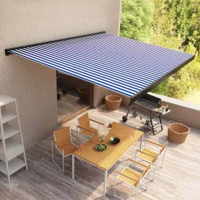   kék és fehér motorizált kazettás napellenző 350 x 250 cm