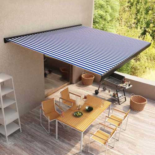kék és fehér motorizált kazettás napellenző 350 x 250 cm