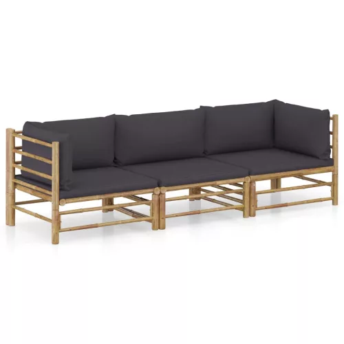 3 részes bambusz kerti bútorszett sötétszürke párnákkal