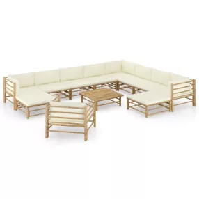   12 részes bambusz kerti ülőgarnitúra krémfehér párnákkal