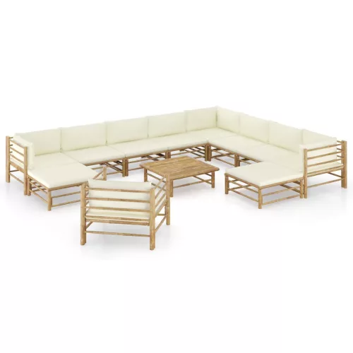 12 részes bambusz kerti ülőgarnitúra krémfehér párnákkal