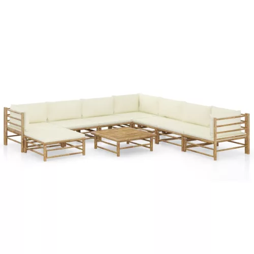 9 részes bambusz kerti ülőgarnitúra krémfehér párnákkal