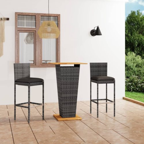 3 részes szürke polyrattan kerti bárszett párnákkal