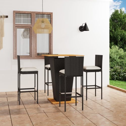 5 részes fekete polyrattan kerti bárszett párnákkal