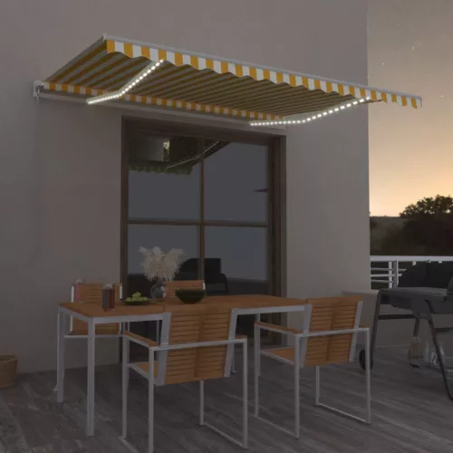 sárga és fehér kézzel kihúzható LED-es napellenző 450 x 300 cm