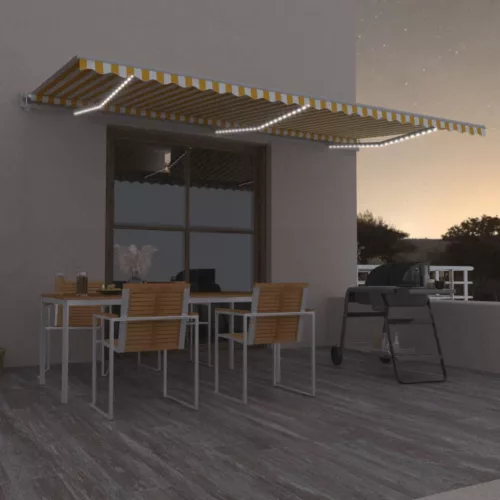 sárga-fehér szélérzékelős és LED-es napellenző 600x300 cm