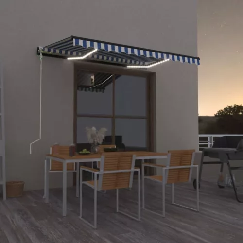 kék/fehér automata szélérzékelős és LED-es napellenző 400x300cm