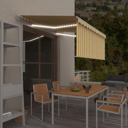 sárga-fehér kézzel kihúzható LED-es napellenző redőnnyel 3x2,5m