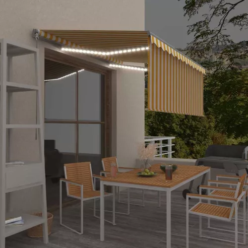 sárga-fehér kihúzható LED-es napellenző redőnnyel 3,5 x 2,5 m