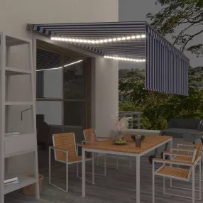   kék és fehér redőnyös, szélérzékelős, LED-es napellenző 4x3 m