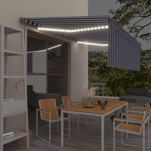 kék és fehér redőnyös, szélérzékelős, LED-es napellenző 4x3 m