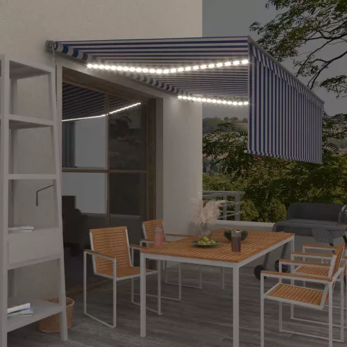 kék és fehér redőnyös, szélérzékelős, LED-es napellenző 4x3 m