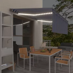   kék és fehér redőnyös, szélérzékelős, LED-es napellenző 4,5x3 m