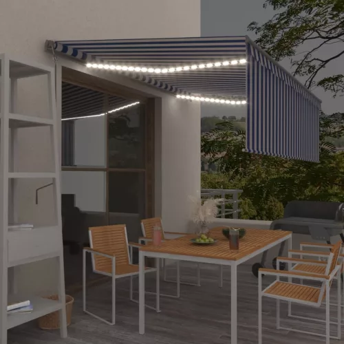 kék és fehér redőnyös, szélérzékelős, LED-es napellenző 4,5x3 m