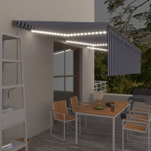  kék és fehér redőnyös, szélérzékelős, LED-es napellenző 6x3 m