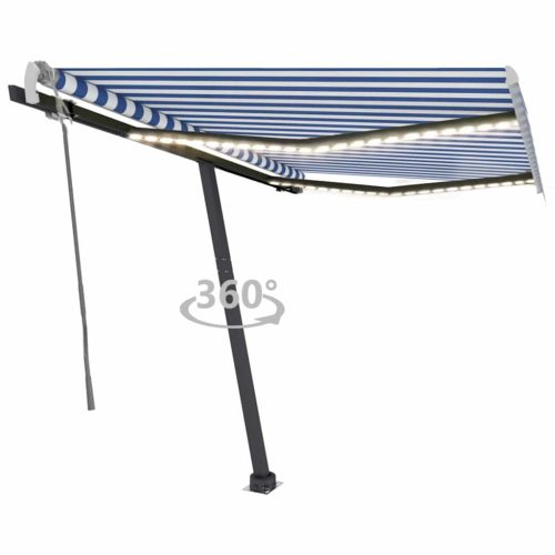 kék és fehér kézzel kihúzható LED-es napellenző 350x250 cm