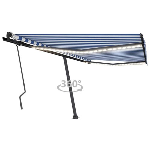 kék és fehér kézzel kihúzható LED-es napellenző 450 x 300 cm