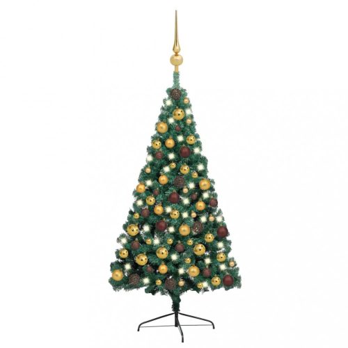 Zöld fél műkarácsonyfa LED fényekkel és gömbszettel 150 cm
