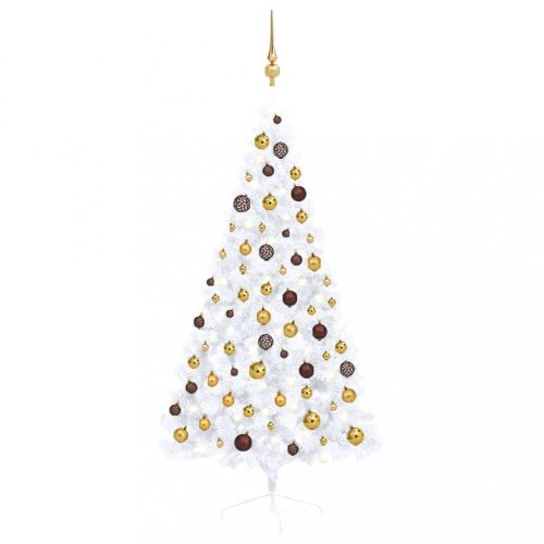 Fehér fél műkarácsonyfa LED-ekkel és gömbszettel 150 cm