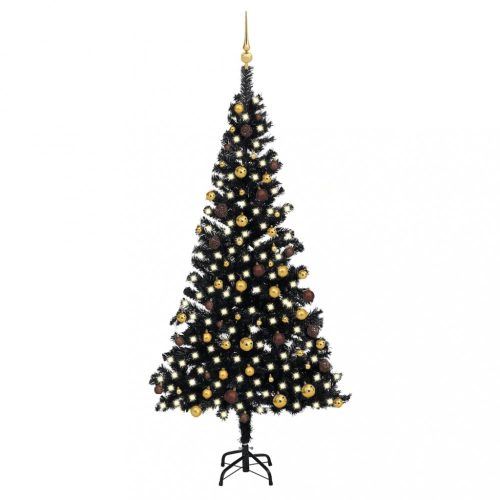  fekete PVC műkarácsonyfa LED fényekkel és gömbszettel 210 cm
