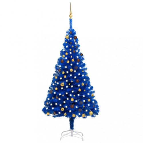  kék PVC műkarácsonyfa LED-fényekkel és gömbszettel 210 cm