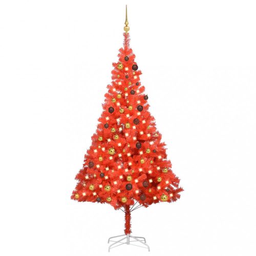 vidaXL piros PVC műkarácsonyfa LED-fényekkel és gömbszettel 210 cm