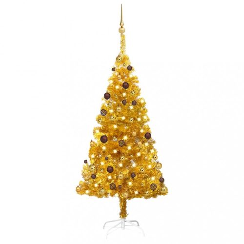 Aranyszínű PET műkarácsonyfa LED-ekkel és gömbszettel 150 cm