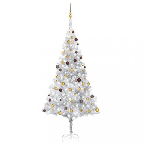 ezüstszínű PET műkarácsonyfa LED-ekkel és gömbökkel 240 cm